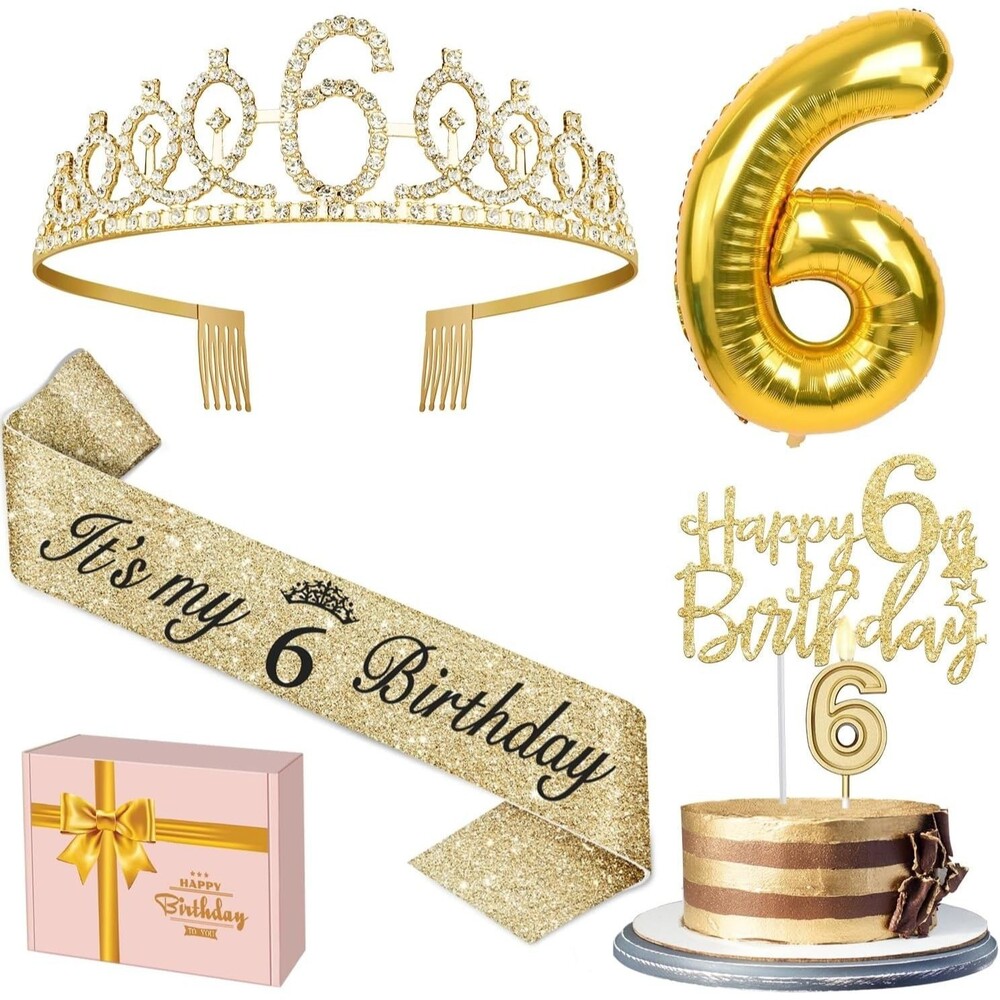 Gold jewel crown and sash set for 6th birthday